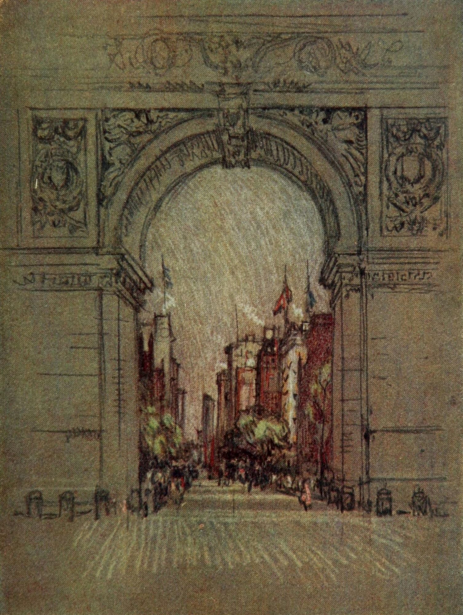 The New New York 1909 Fifth Avenue through the Washington Arch Canvas Art - Joseph Pennell (18 x 24)