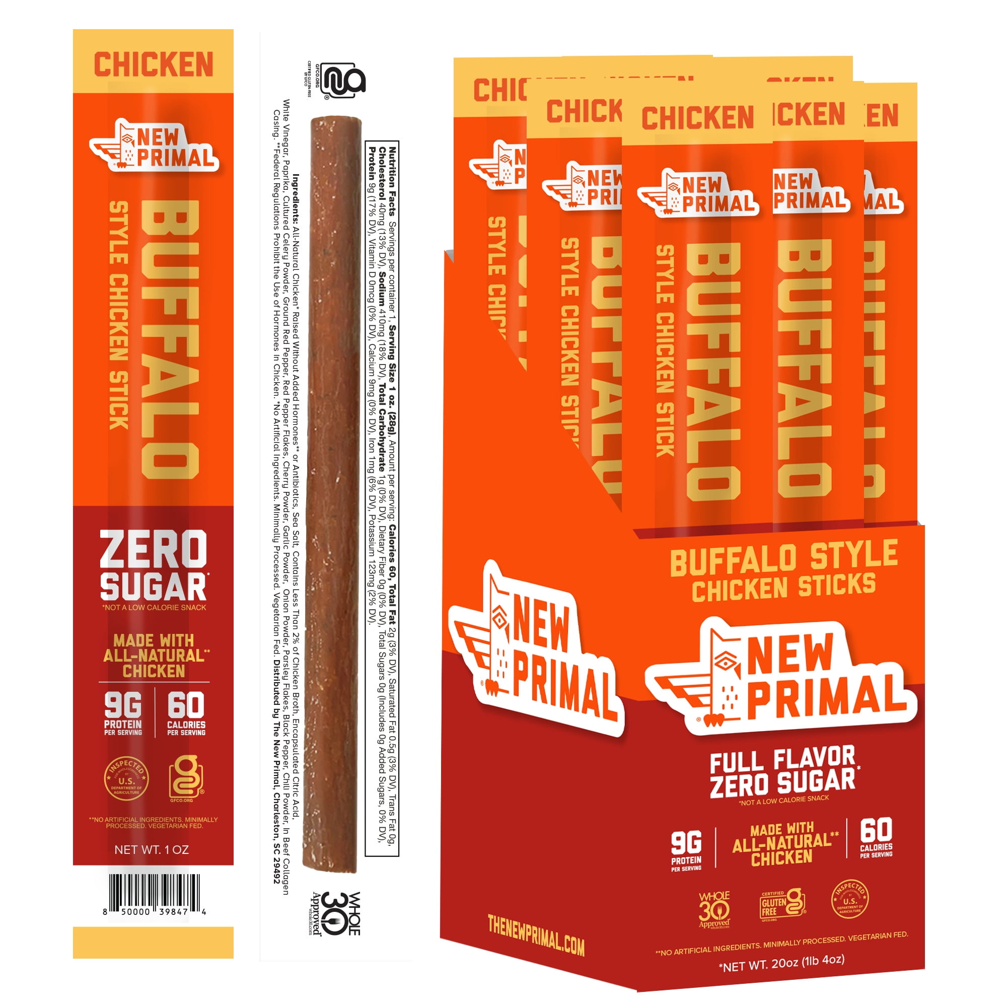 The New Primal Buffalo Style All-Natural Chicken Meat Sticks, Zero Sugar, Gluten Free (20 Sticks)