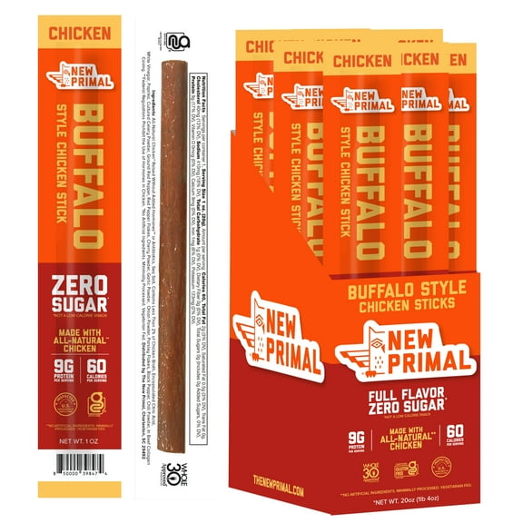 The New Primal Buffalo Style All-Natural Chicken Meat Sticks, Zero Sugar, Gluten Free (20 Sticks)