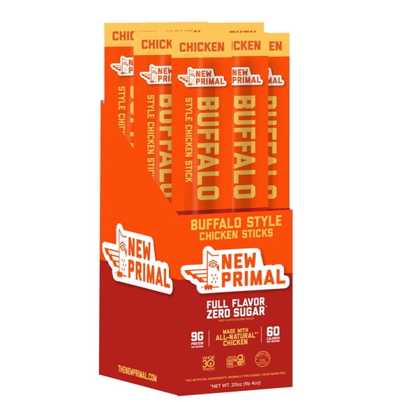 The New Primal Buffalo Style All-Natural Chicken Meat Sticks, Zero Sugar, Gluten Free (20 Sticks)