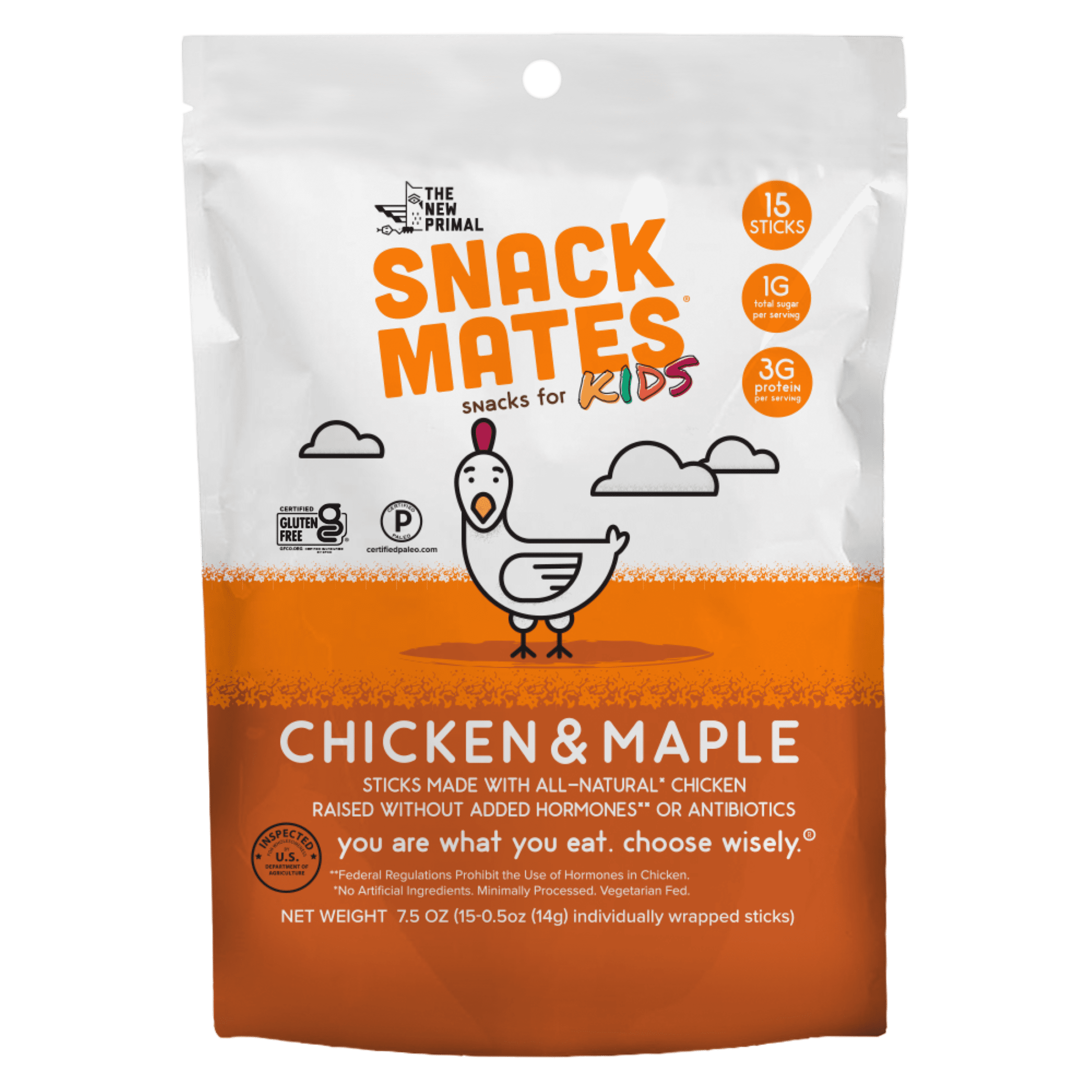 The New Primal Snack Mates Chicken & Maple Mini Meat Sticks, 15 Count - 0.5 oz Sticks