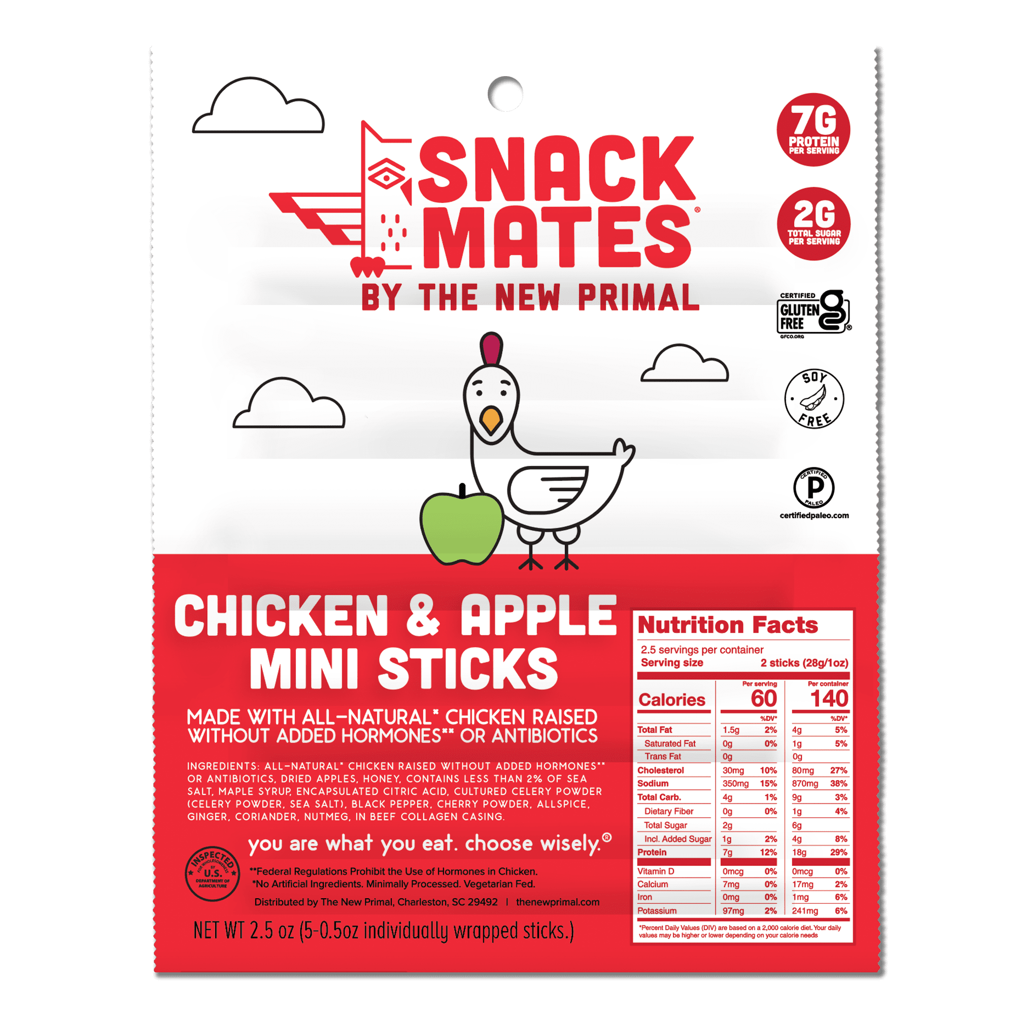 The New Primal Snack Mates Chicken and Apple Mini Meat Sticks, 5 Count - 0.5 oz Sticks