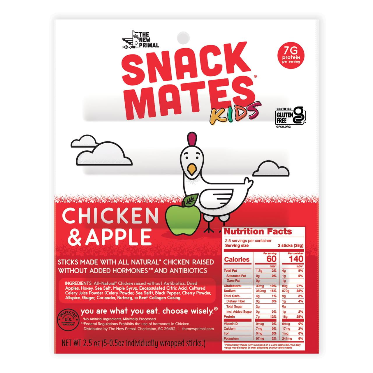 The New Primal Snack Mates Chicken and Apple Mini Meat Sticks, 5 Count