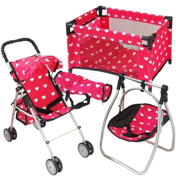 The New York Doll Collection 3-in-1 Baby Doll Furniture Set, Pink Hearts, Includes Stroller, Swing