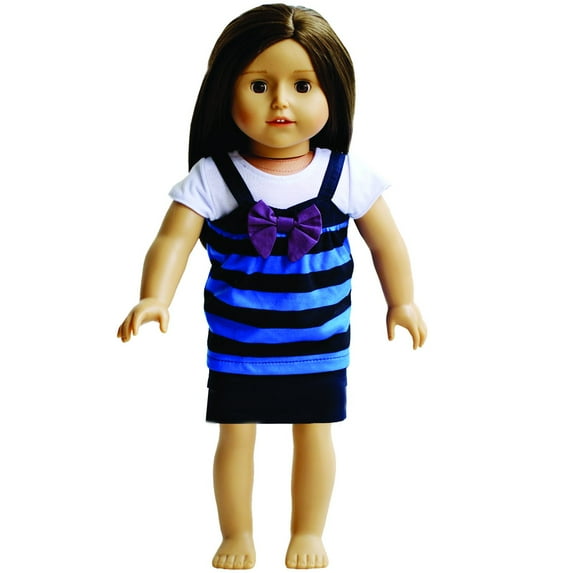 The New York Doll Collection Adorable Blue Striped Jumper With White T-shirt Doll Outfit