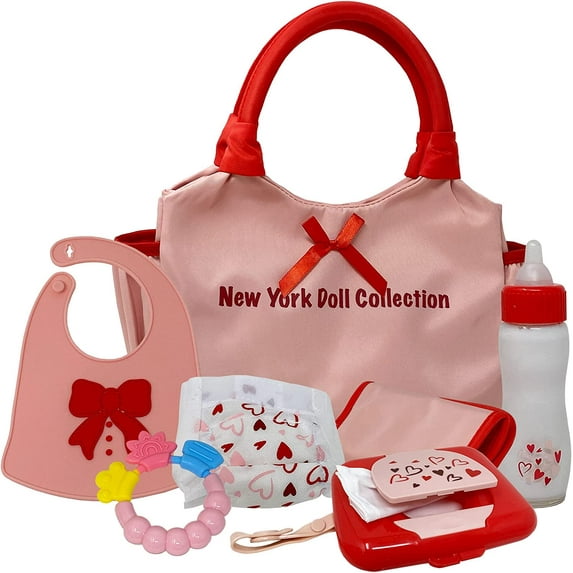 The New York Doll Collection Baby Doll Diaper Bag Set with Accessories, Red