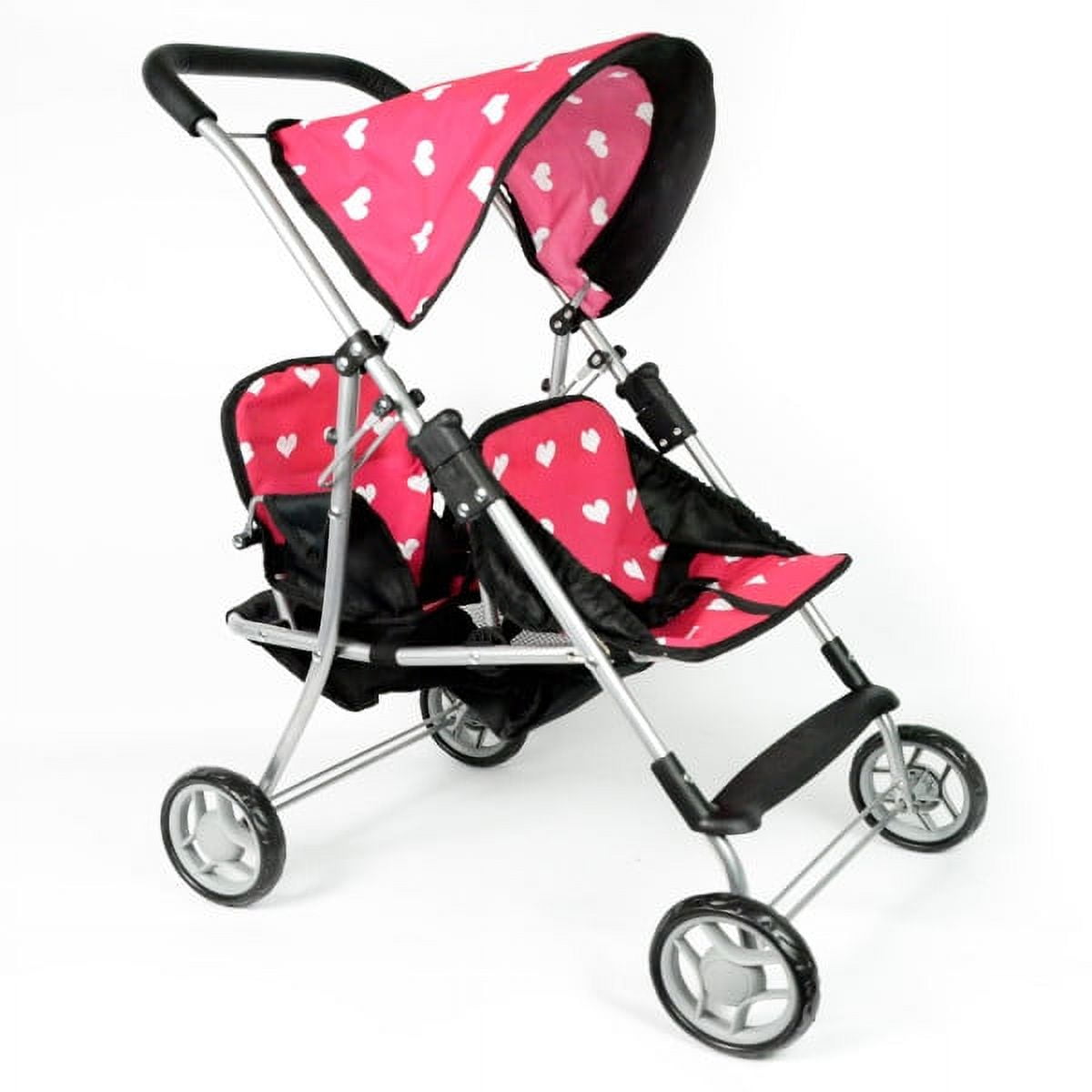 Pink Hearts Twin Doll Stroller with Large Canopy