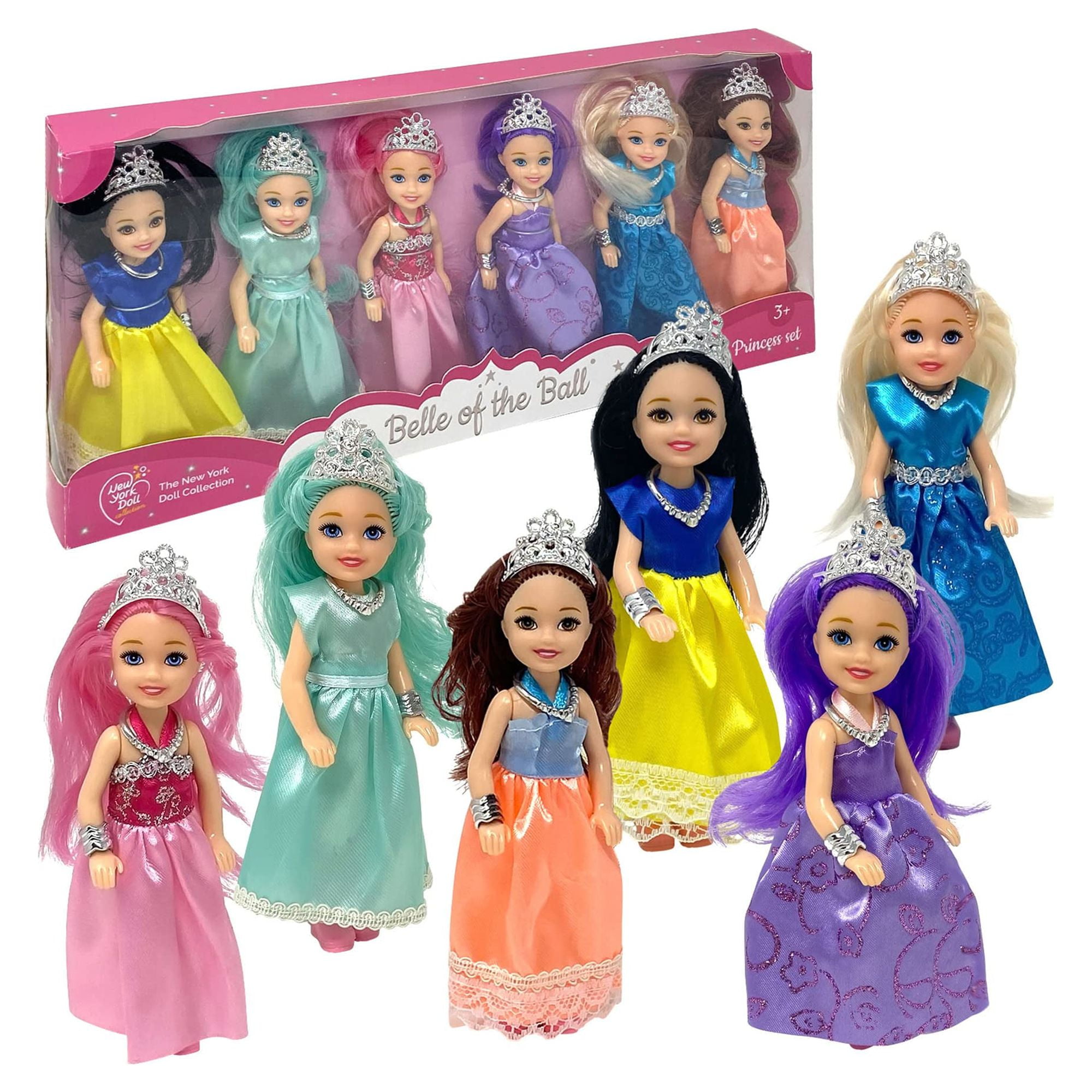 Mini Princess Dolls Set with Colorful Hair and Tiaras