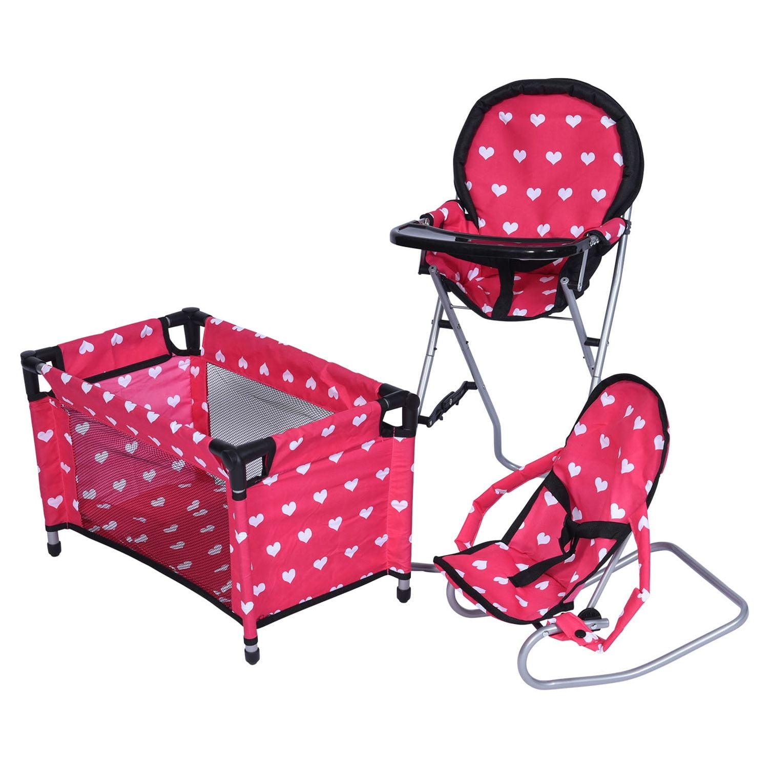 Pink Hearts Doll High Chair, Bouncer, and Pack N Play Set