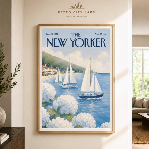 The New Yorker Coastal Sailing Poster – Vintage 1952 Sailboat Wall Art Print, Retro Ocean Beach Home Decor Unframed Poster