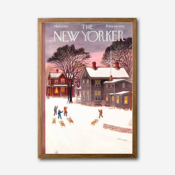 The New Yorker Cover Art Canvas Wall Art, Vintage Winter Sledding Scene, Classic Magazine Print, Home Decor, Framed Artwork