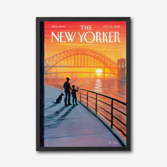 The New Yorker Sunset Bridge Canvas Wall Art, Fishing Father and Child Silhouette, Vibrant Sunset River Scene, Modern Framed Canvas Wall Decor