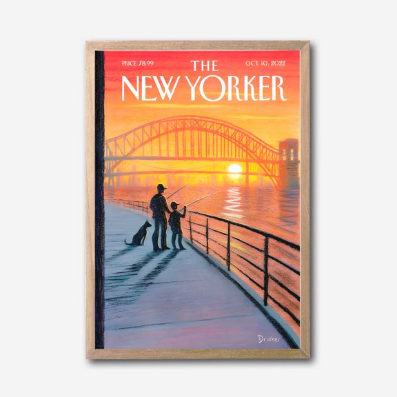 The New Yorker Sunset Bridge Canvas Wall Art, Fishing Father and Child Silhouette, Vibrant Sunset River Scene, Modern Framed Canvas Wall Decor