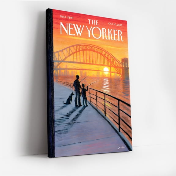 The New Yorker Sunset Bridge Canvas Wall Art, Fishing Father and Child Silhouette, Vibrant Sunset River Scene, Modern Framed Canvas Wall Decor