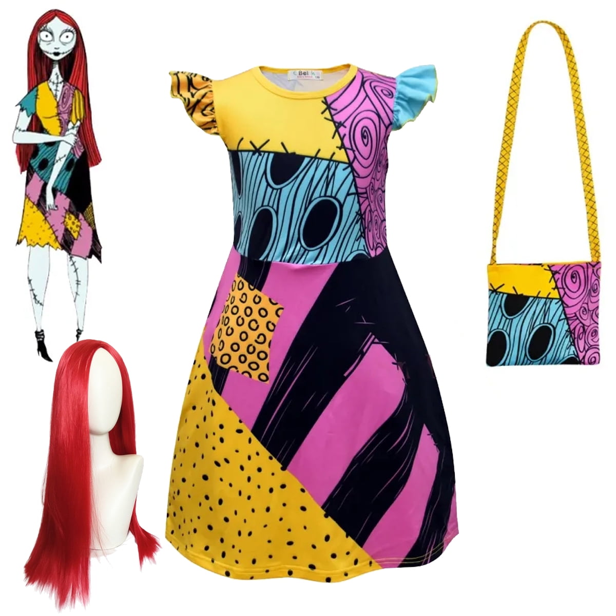 The Night Nightmare Before Sally Costume Dress+Wig+Bag Girls Halloween