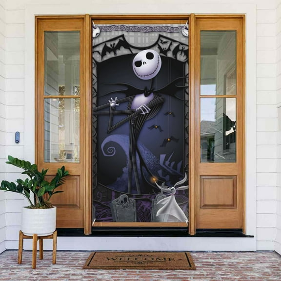 The Nightmare Before Christmas Door Cover Polyester Banner Outdoor Decoration Accessories For Porch Garden Patio Party Backdrop, 35.4 X 72.8 Inches