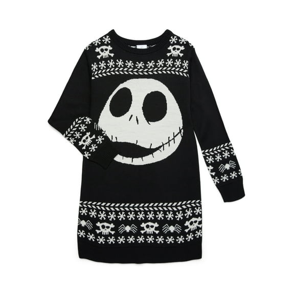 The Nightmare Before Christmas Girls Jack Skellington Holiday Sweater Dress with Long Sleeves, Sizes 4-12
