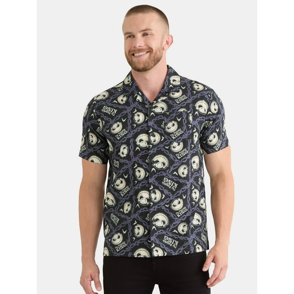 Nightmare Before Christmas Men's and Big Men's Print Button-Up Cotton Shirt with Short Sleeves, Sizes XS-3XL