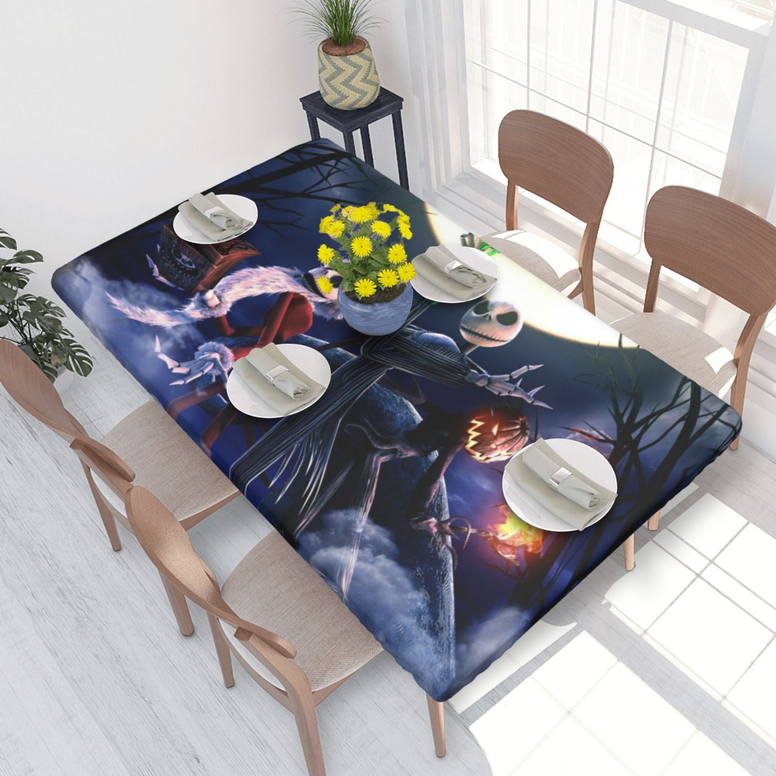 The Nightmare Before Christmas Moon Elastic Edged Table Cover Reusable Fitted Rectangle Tablecloth For Dining Kitchen Party 2.5X4ft