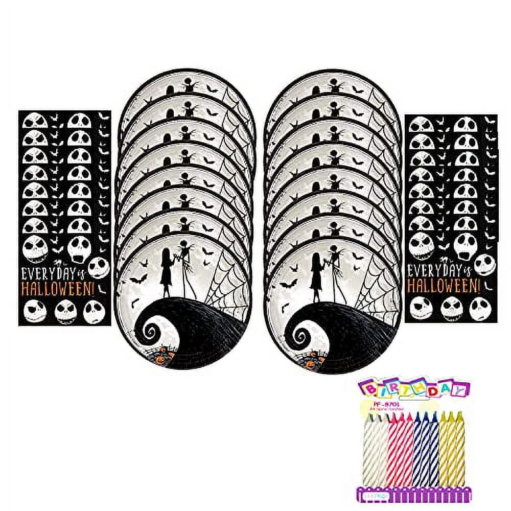 The Nightmare Before Christmas Party Supplies Pack Serves 16: 9" Plates and Luncheon Napkins with Birthday Candles (Bundle for 16)