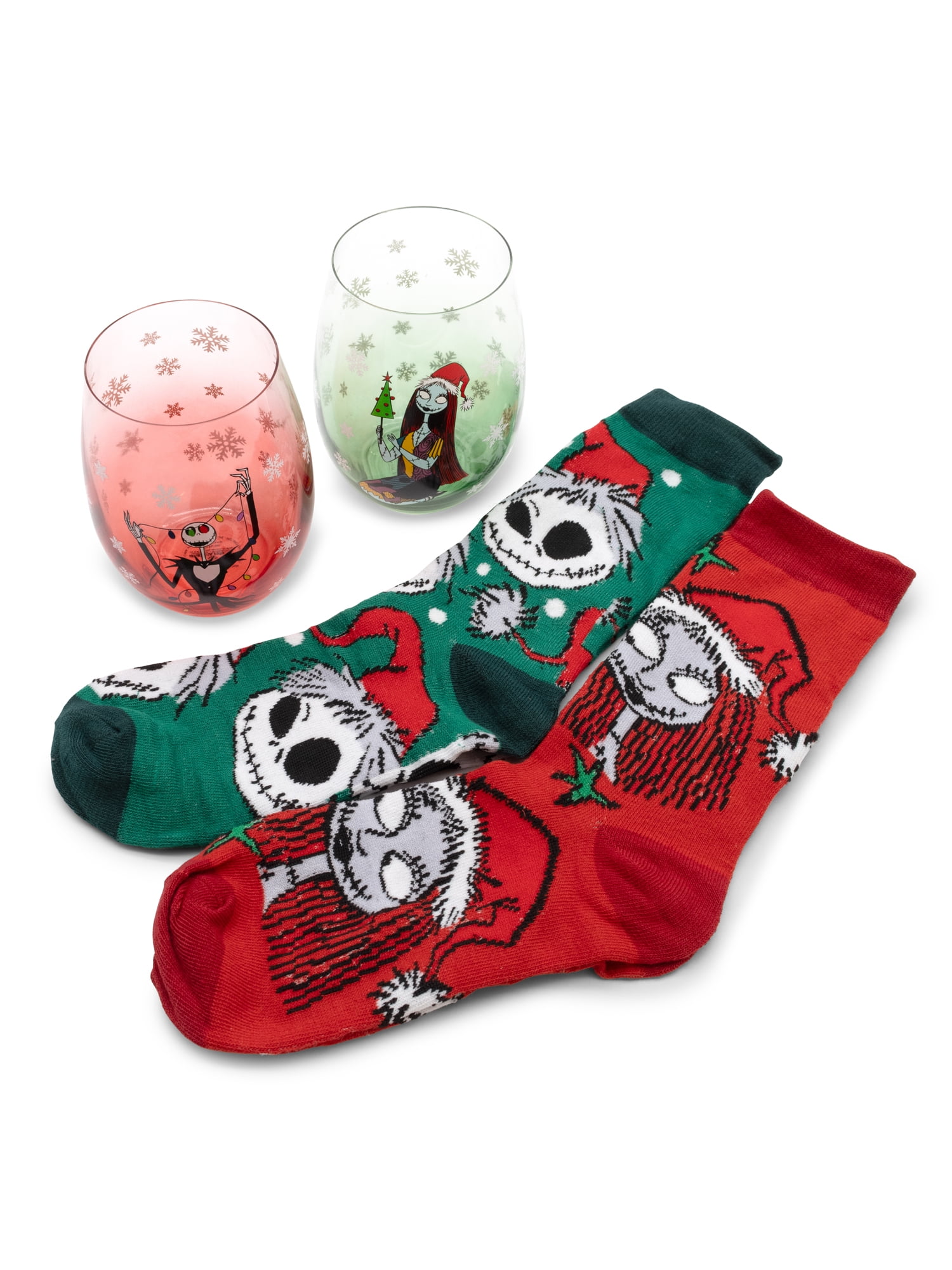 The Nightmare Before Christmas Sip & Sock Set, 2 Stemless Glasses & 2 Pairs of Adult Crew Socks, New