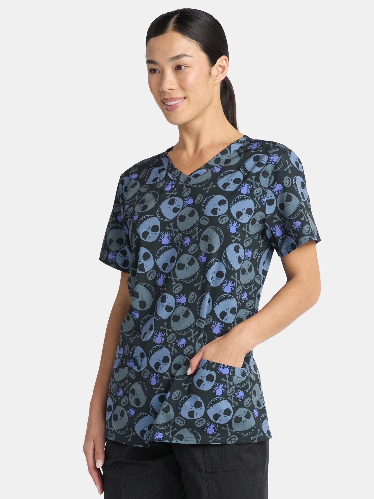 Nightmare Before Christmas Women's Holiday Scrub Top with Short Sleeves, Sizes S-3XL