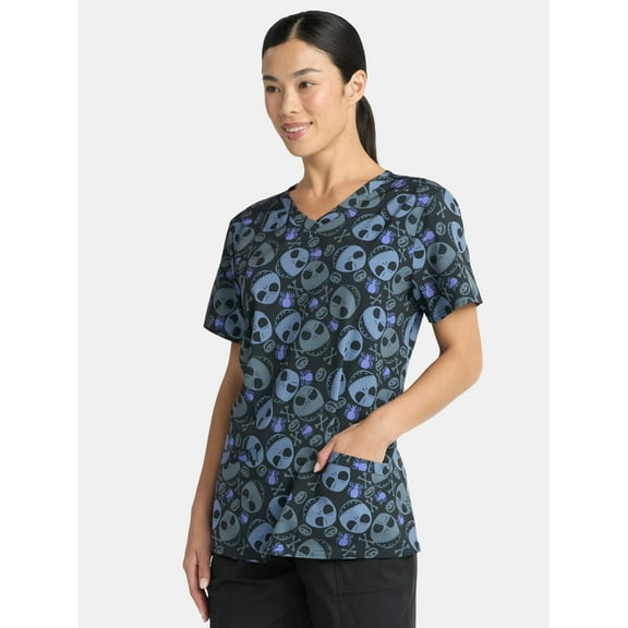 Nightmare Before Christmas Women's Holiday Scrub Top with Short Sleeves, Sizes S-3XL