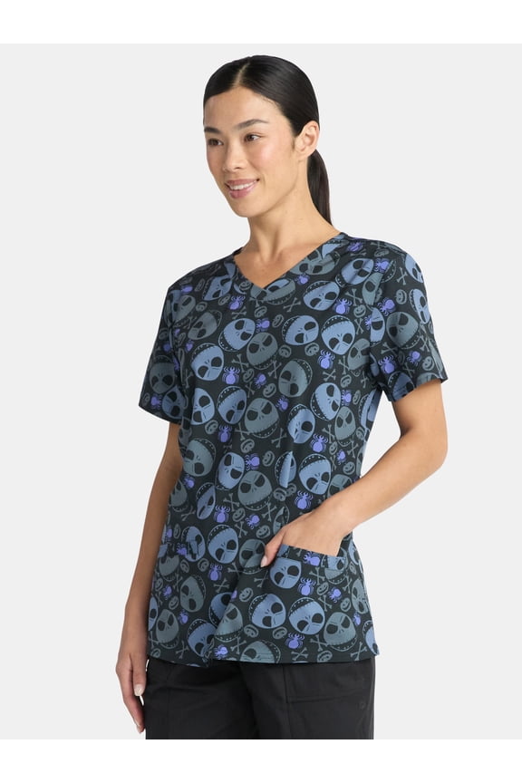 Nightmare Before Christmas Women's Holiday Scrub Top with Short Sleeves, Sizes S-3XL