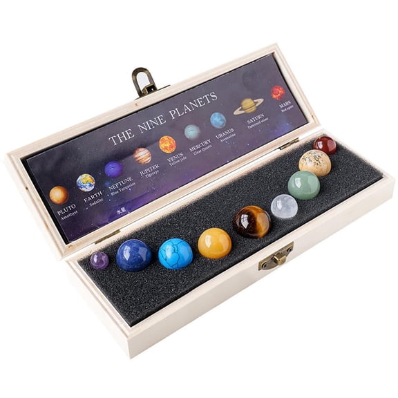 The Nine Planets Solar System Decor, Natural Tumbled Crystal Gemstone Balls in Display Wooden Box