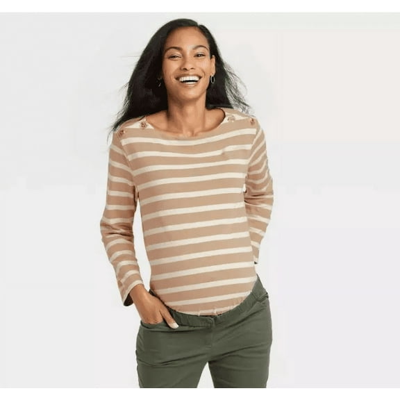 The Nines by HATCH Long Sleeve Jersey Maternity Blouse - Tan Striped, S