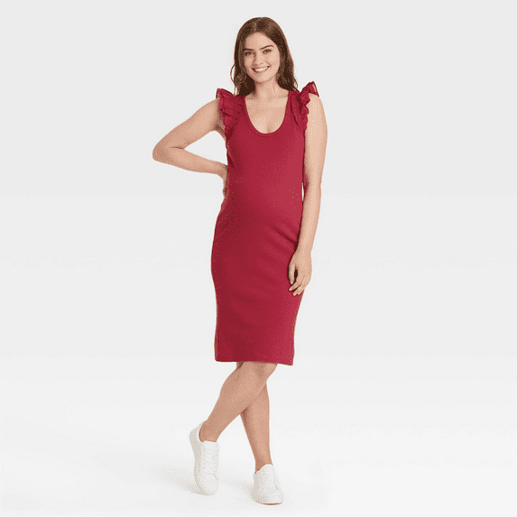 The Nines by HATCH Ruffle Short Sleeve Ribbed Maternity Dress - Red, XLarge