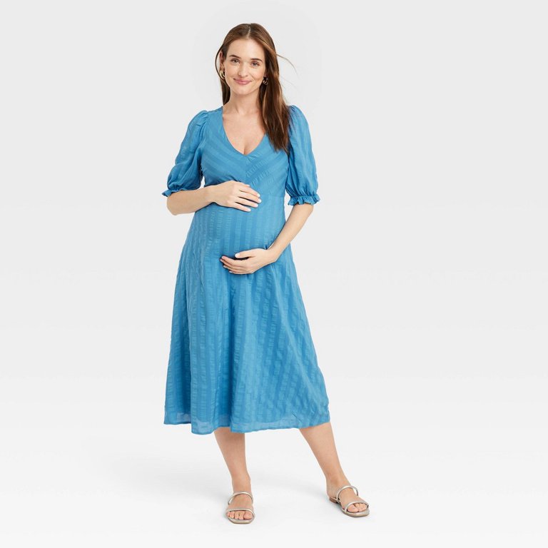 The Nines by Hatch Elbow Sleeve Tonal Maternity Dress Blue Striped M