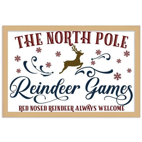 The North Pole Reindeer Games 14.5" x 21.5" Framed Christmas Wall Decor Art Print Sign Poster in a