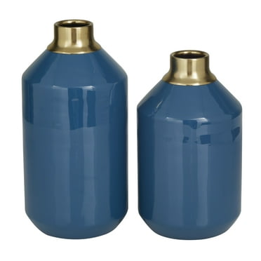 The Novogratz 10", 8"H Blue Metal Vase with Gold Rims, Set of 2