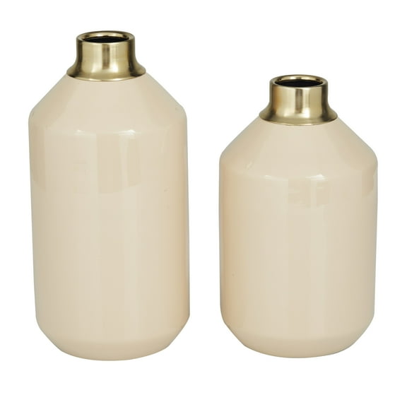 DecMode 10", 8"H Cream Metal Vase with Gold Rims, Set of 2