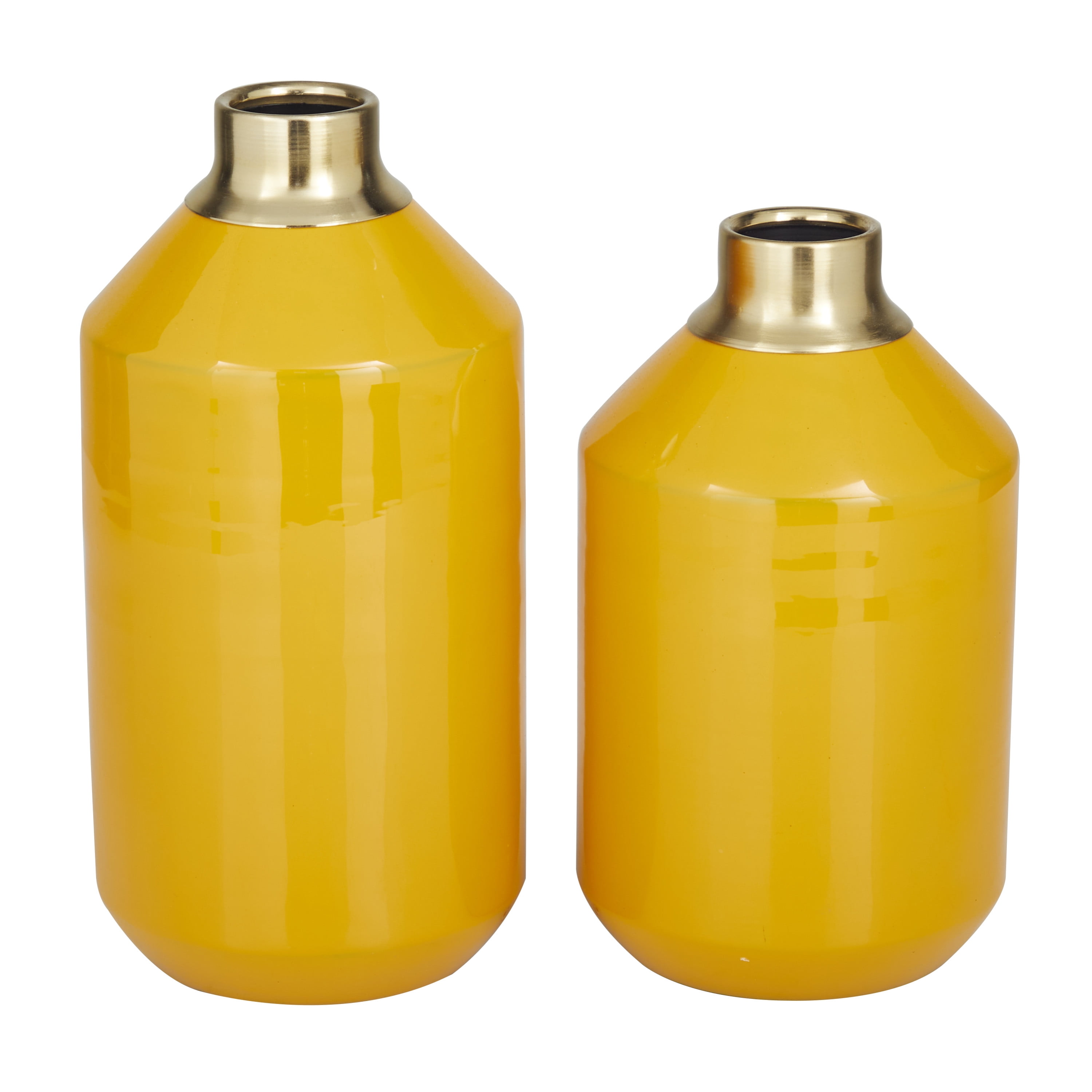 DecMode 10", 8"H Yellow Metal Vase with Gold Rims, Set of 2