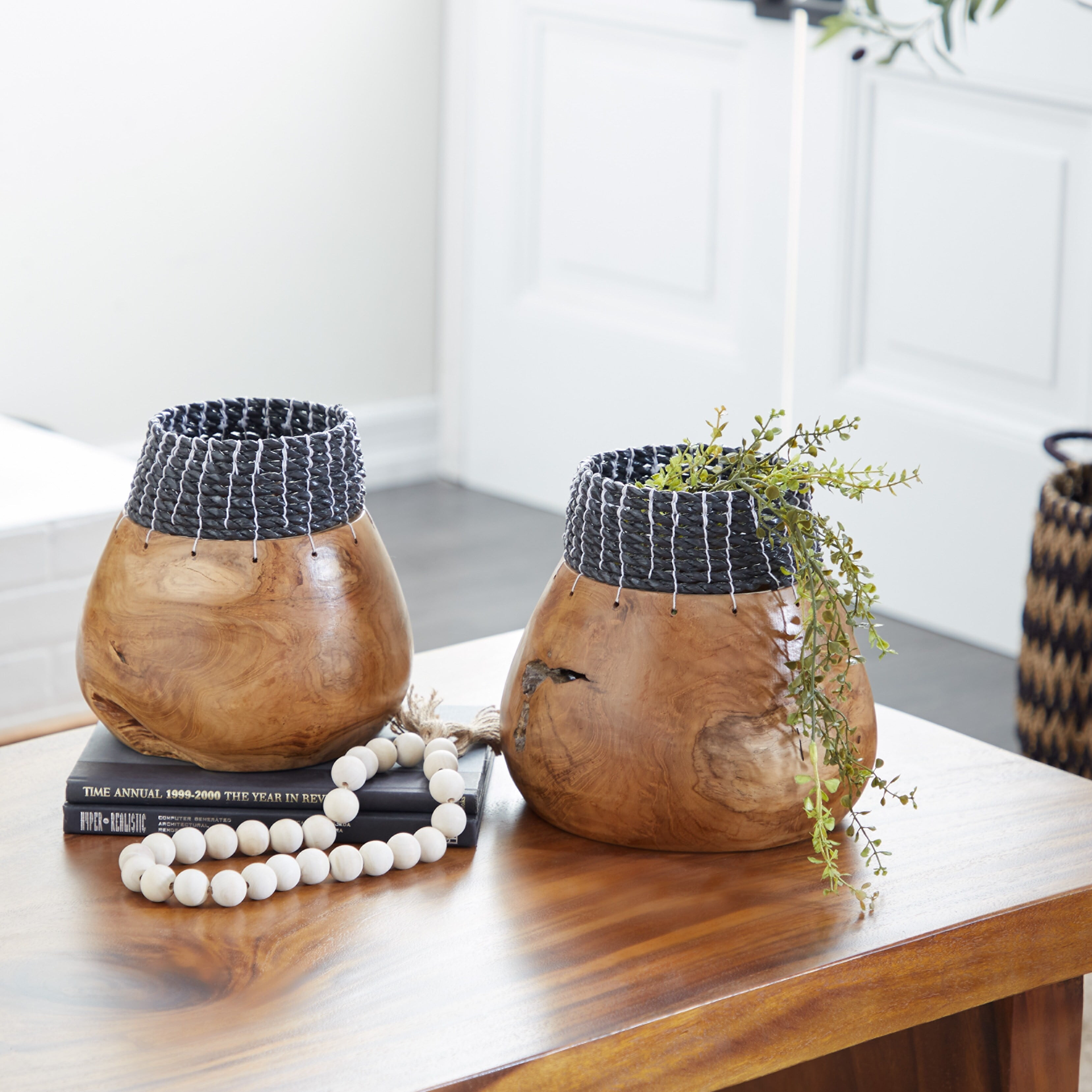 Handmade Teak Wood Vases with Black Seagrass Accents, Set of 2