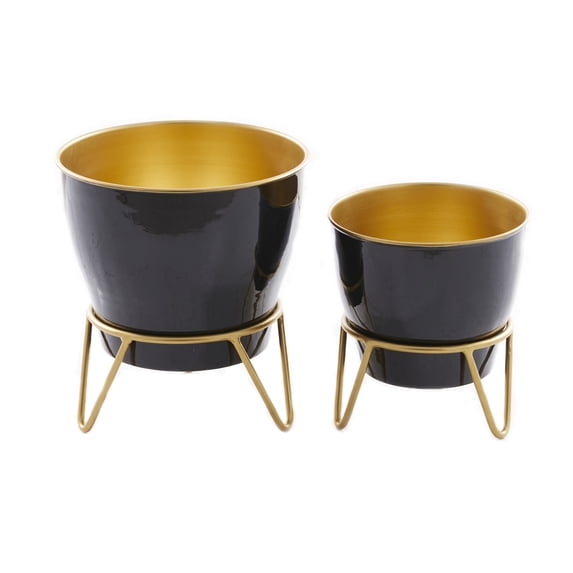 DecMode 11", 9"H Indoor Outdoor Black Metal Planter with Removable Stand (2 Count)