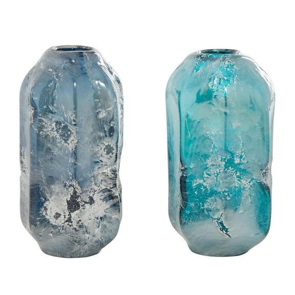 DecMode 12", 11"H Handmade Blown Blue Glass Vase, Set of 2