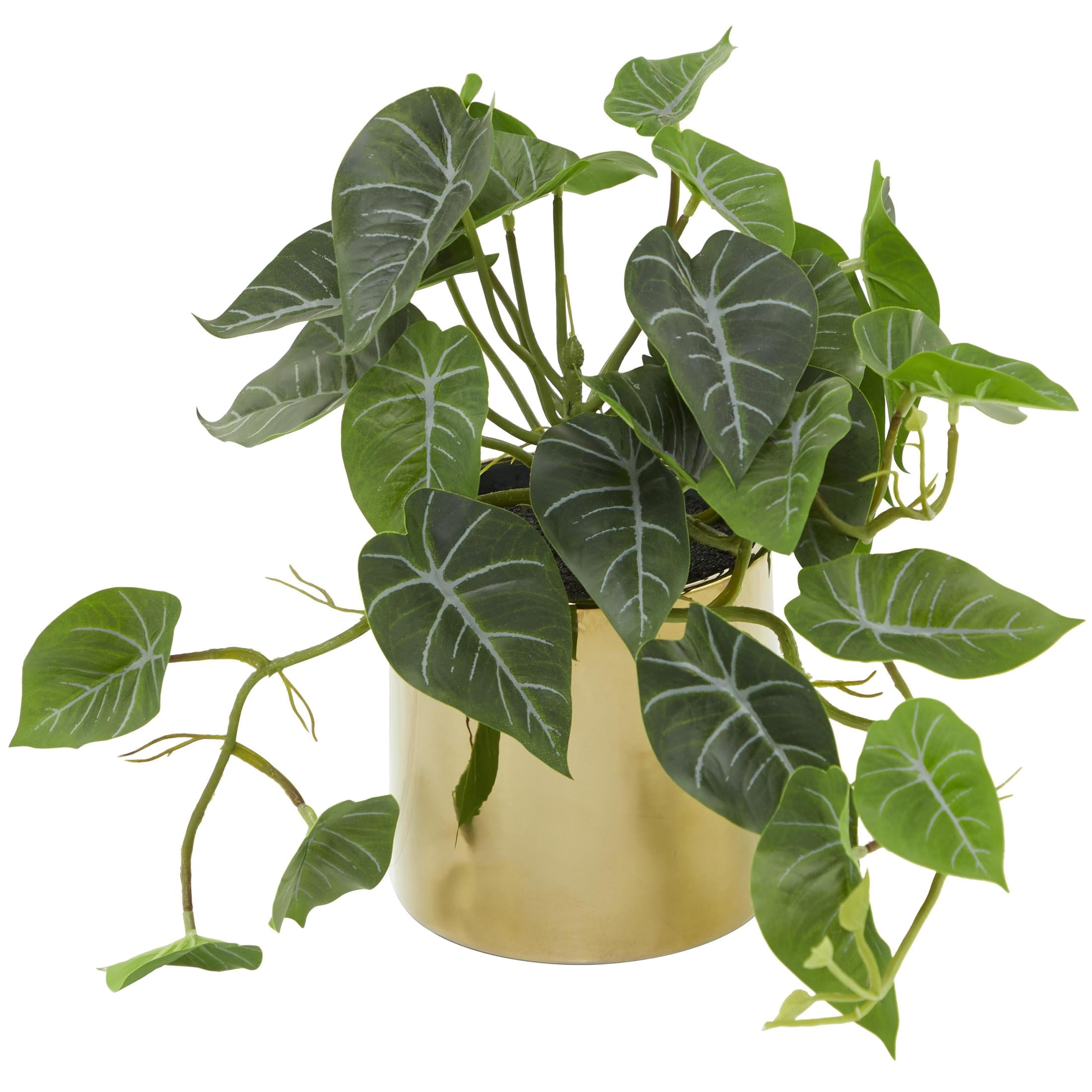 DecMode 12" Artificial Pothos Plant in Realistic Leaves and Gold Porcelain Pot