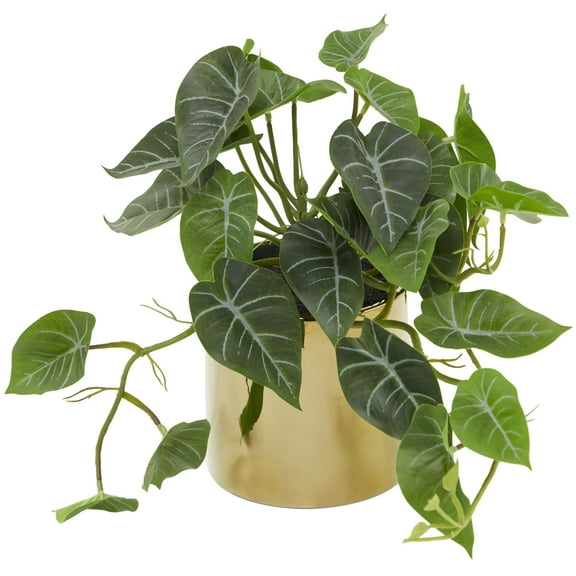 DecMode 12" Artificial Pothos Plant in Realistic Leaves and Gold Porcelain Pot