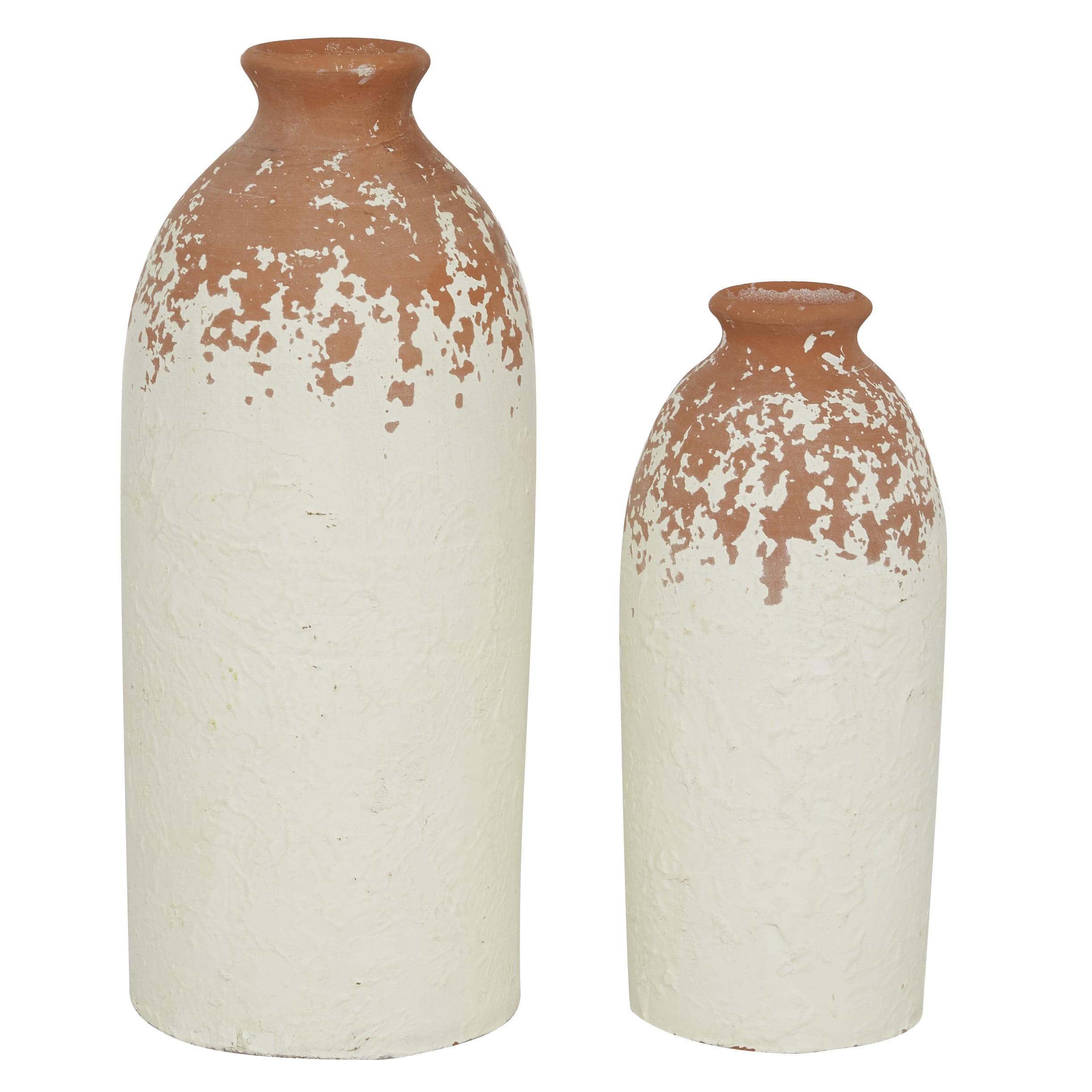 Set of 2 White and Terracotta Ceramic Bottle-Shaped Vases