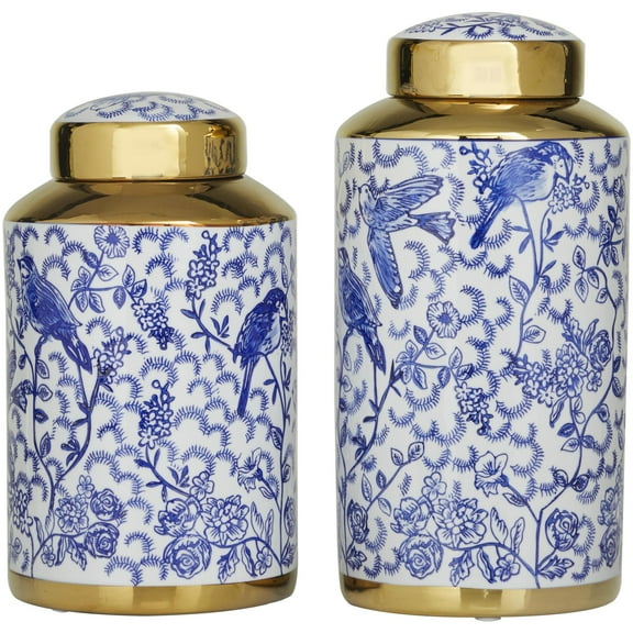 DecMode 14", 12"H Blue Ceramic Floral Decorative Jars with Gold Accents, 2-Pieces