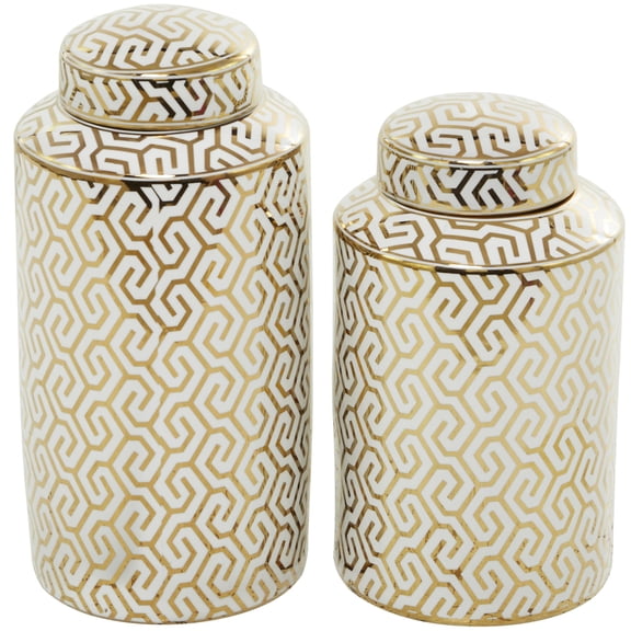 DecMode 14", 12"H Gold Ceramic Geometric Decorative Jars with White Accents, 2-Pieces