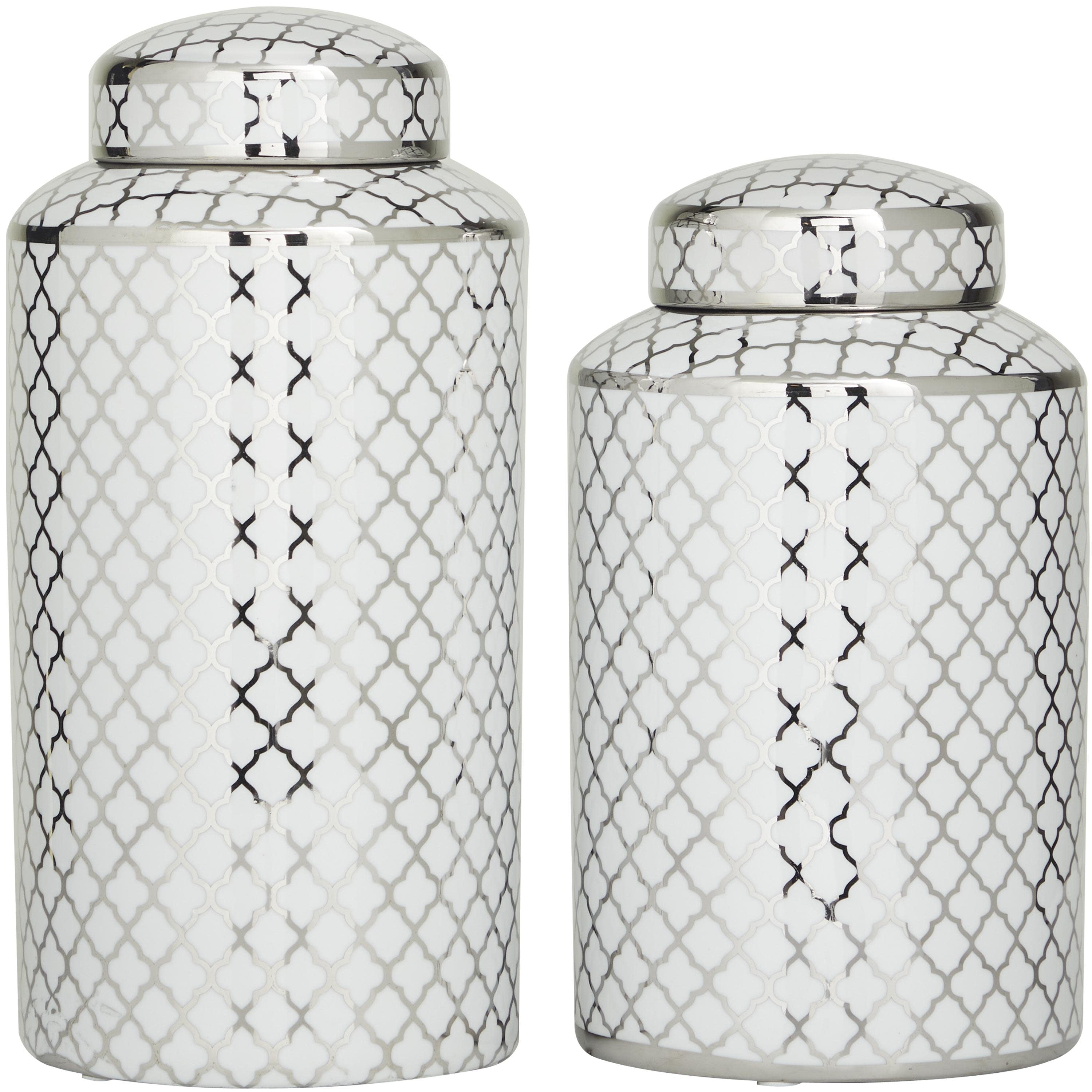 DecMode 14", 12"H Silver Ceramic Geometric Decorative Jars with Silver accents, 2-Pieces