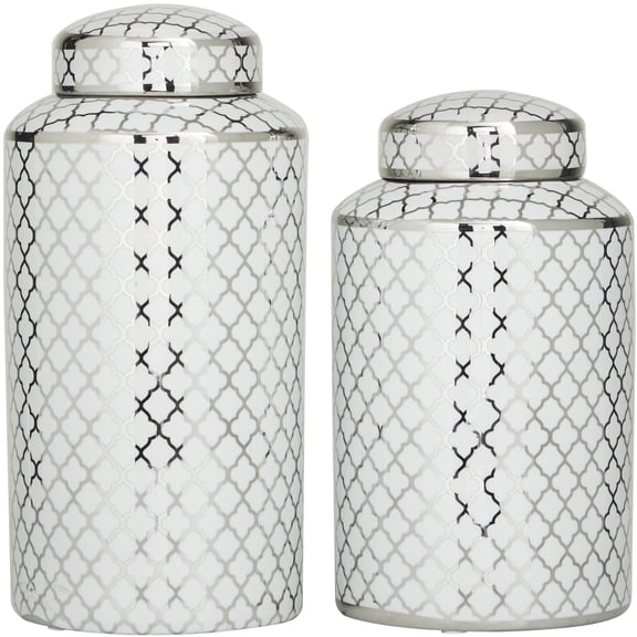DecMode 14", 12"H Silver Ceramic Geometric Decorative Jars with Silver accents, 2-Pieces