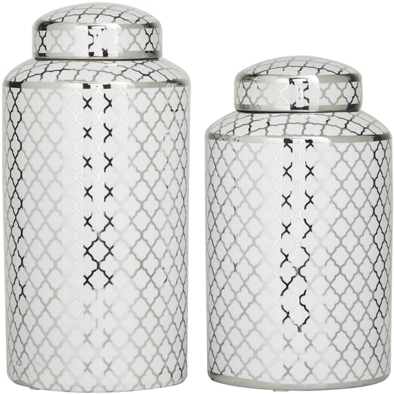 DecMode 14", 12"H Silver Ceramic Geometric Decorative Jars with Silver accents, 2-Pieces