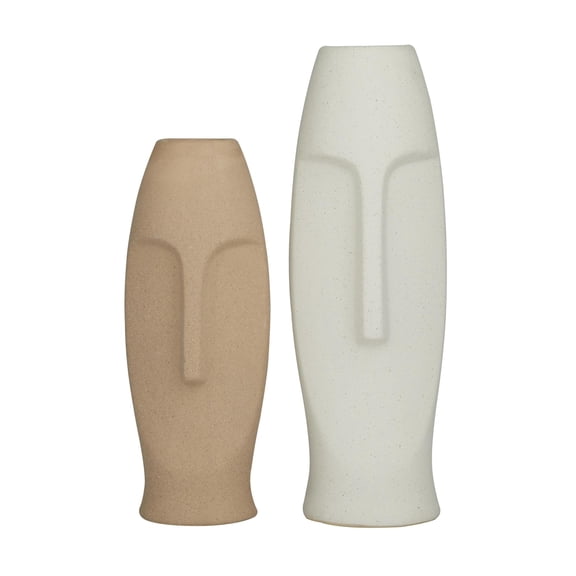 DecMode 15", 12"H Tribal Easter Island Head Beige Ceramic Vase, Set of 2