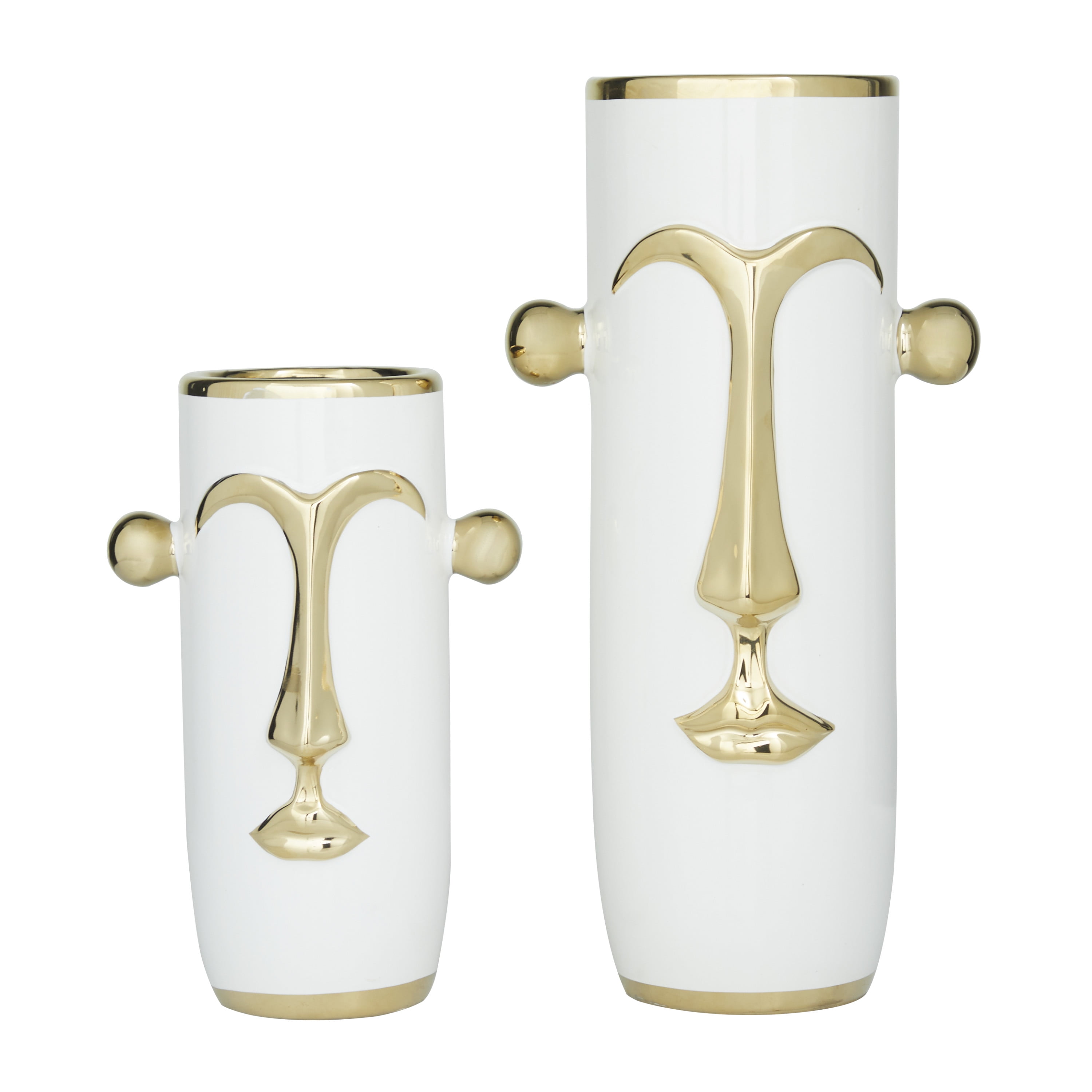 Contemporary White Ceramic Table Vase Set with Gold Accents, 16" and 11"H