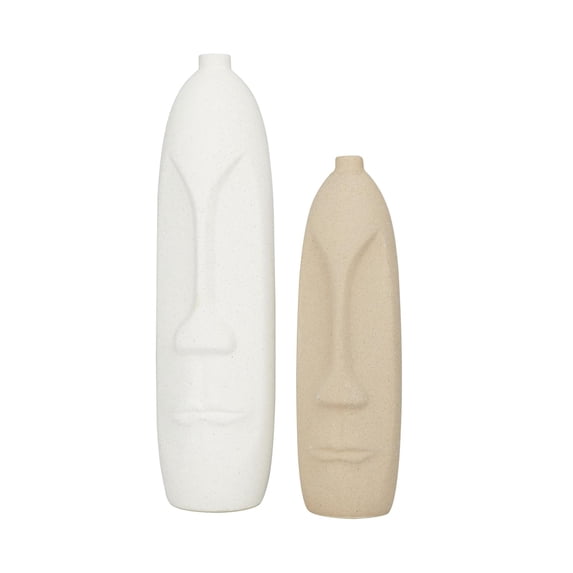 DecMode 19", 15"H Tribal Easter Island Head Beige Ceramic Vase, Set of 2